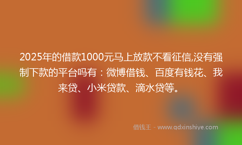 2025年的借款1000元马上放款不看征信,没有强制下款的平台吗有：微博借钱、百度有钱花、我来贷、小米贷款、滴水贷等。