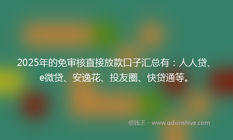 2025年的免审核直接放款口子汇总有：人人贷、e微贷、安逸花、投友圈、快贷通等。