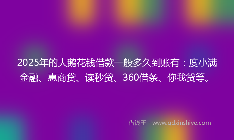 2025年的大鹅花钱借款一般多久到账有：度小满金融、惠商贷、读秒贷、360借条、你我贷等。