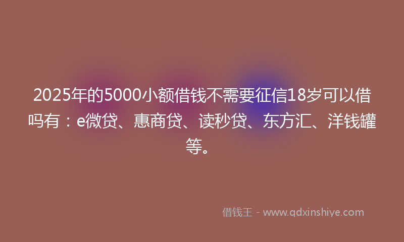 2025年的5000小额借钱不需要征信18岁可以借吗有：e微贷、惠商贷、读秒贷、东方汇、洋钱罐等。
