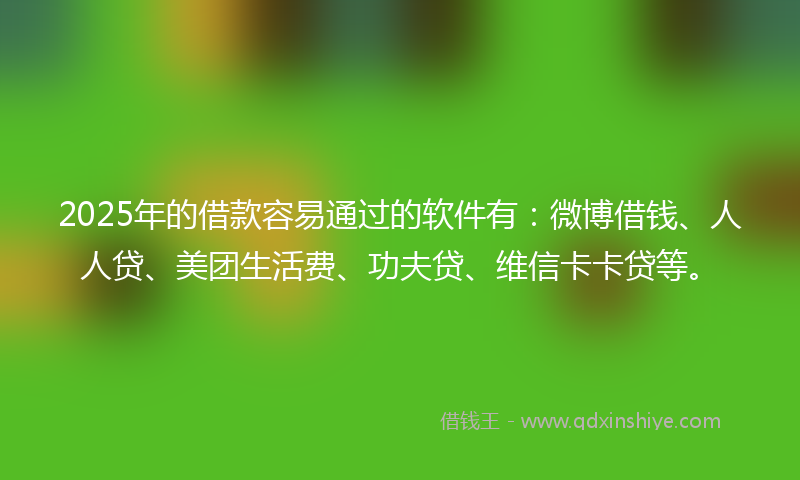 2025年的借款容易通过的软件有：微博借钱、人人贷、美团生活费、功夫贷、维信卡卡贷等。