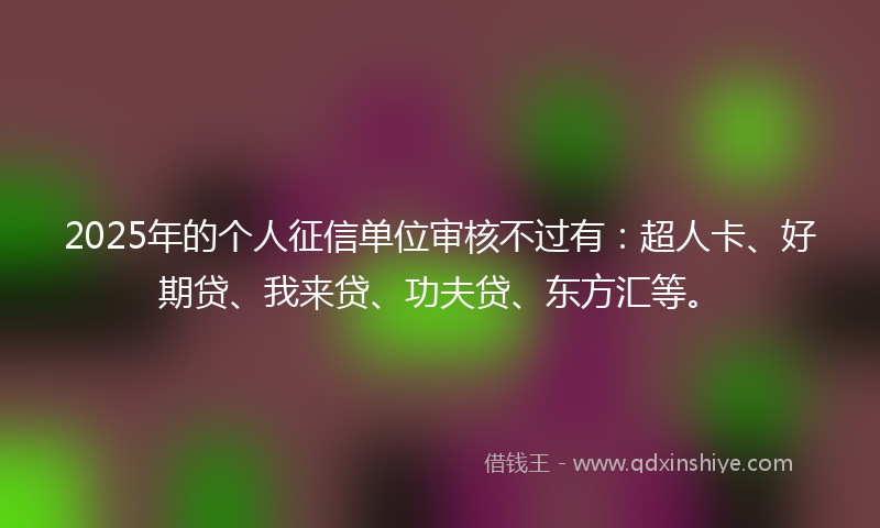 2025年的个人征信单位审核不过有：超人卡、好期贷、我来贷、功夫贷、东方汇等。