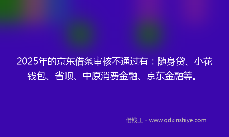 2025年的京东借条审核不通过有：随身贷、小花钱包、省呗、中原消费金融、京东金融等。