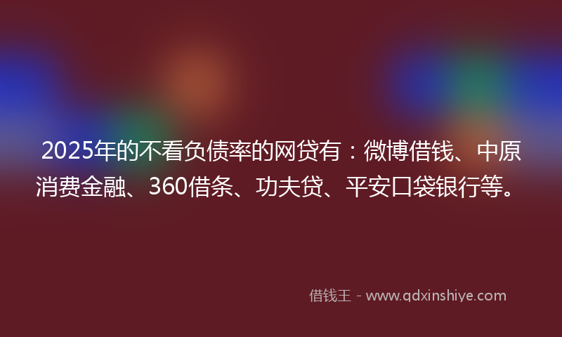 2025年的不看负债率的网贷有：微博借钱、中原消费金融、360借条、功夫贷、平安口袋银行等。