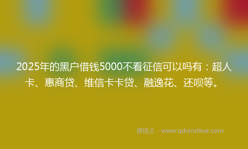 2025年的黑户借钱5000不看征信可以吗有：超人卡、惠商贷、维信卡卡贷、融逸花、还呗等。