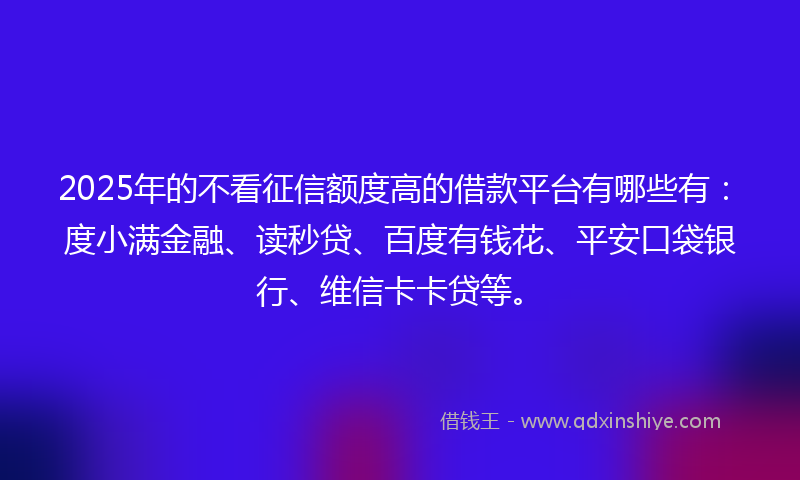 2025年的不看征信额度高的借款平台有哪些有：度小满金融、读秒贷、百度有钱花、平安口袋银行、维信卡卡贷等。