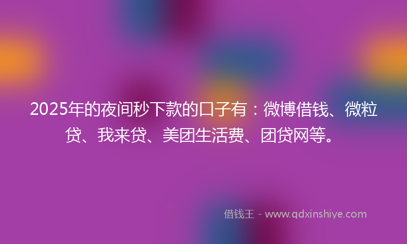 2025年的夜间秒下款的口子有：微博借钱、微粒贷、我来贷、美团生活费、团贷网等。