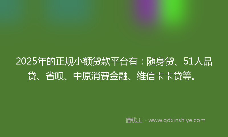 2025年的正规小额贷款平台有：随身贷、51人品贷、省呗、中原消费金融、维信卡卡贷等。