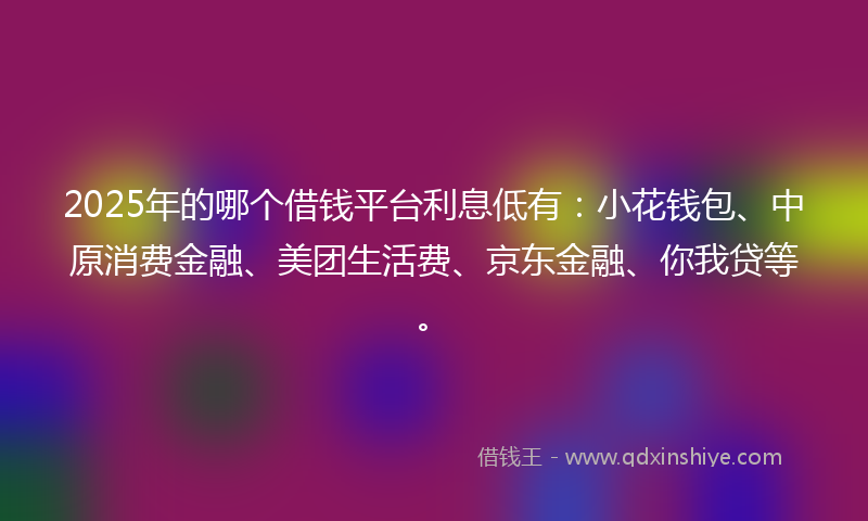 2025年的哪个借钱平台利息低有：小花钱包、中原消费金融、美团生活费、京东金融、你我贷等。