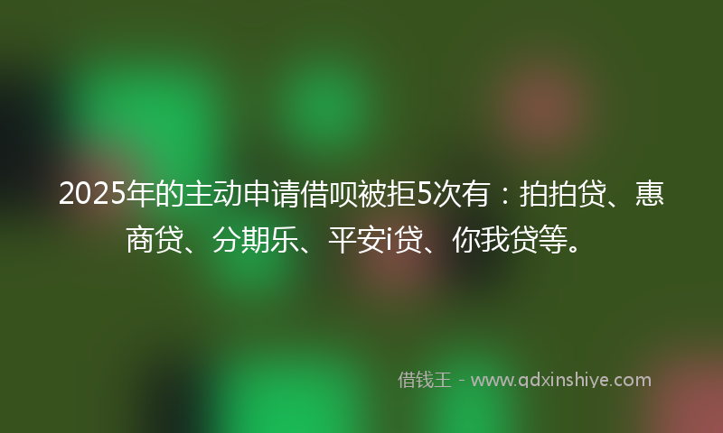 2025年的主动申请借呗被拒5次有：拍拍贷、惠商贷、分期乐、平安i贷、你我贷等。