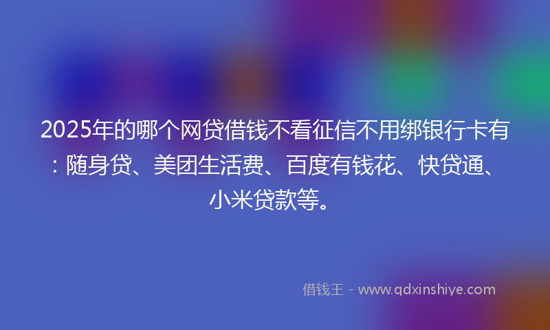 2025年的哪个网贷借钱不看征信不用绑银行卡有：随身贷、美团生活费、百度有钱花、快贷通、小米贷款等。