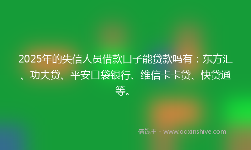 2025年的失信人员借款口子能贷款吗有：东方汇、功夫贷、平安口袋银行、维信卡卡贷、快贷通等。