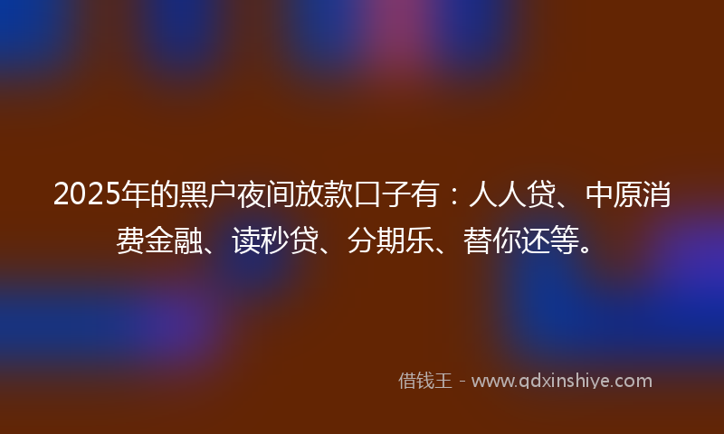 2025年的黑户夜间放款口子有：人人贷、中原消费金融、读秒贷、分期乐、替你还等。