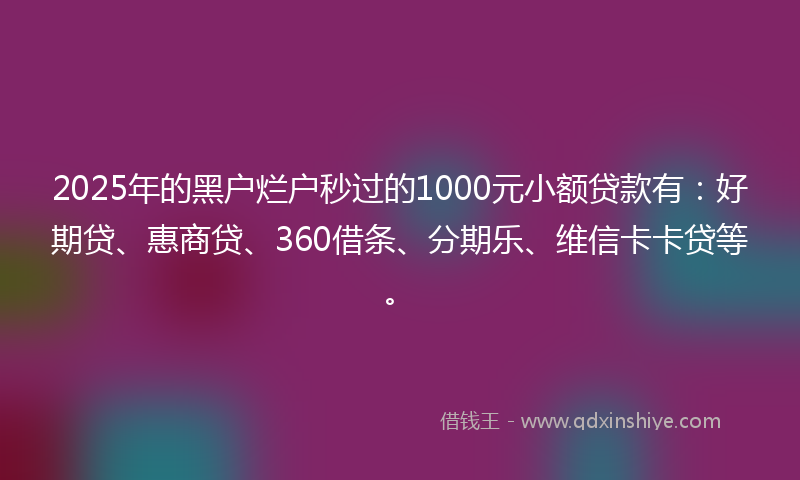 2025年的黑户烂户秒过的1000元小额贷款有：好期贷、惠商贷、360借条、分期乐、维信卡卡贷等。
