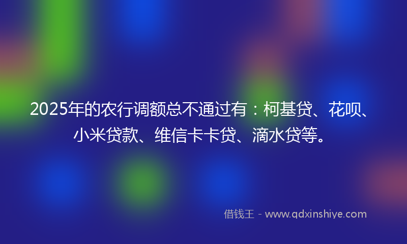 2025年的农行调额总不通过有：柯基贷、花呗、小米贷款、维信卡卡贷、滴水贷等。