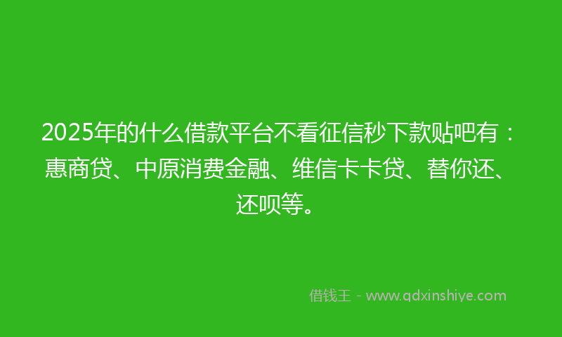 2025年的什么借款平台不看征信秒下款贴吧有：惠商贷、中原消费金融、维信卡卡贷、替你还、还呗等。
