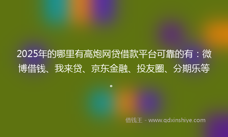 2025年的哪里有高炮网贷借款平台可靠的有：微博借钱、我来贷、京东金融、投友圈、分期乐等。