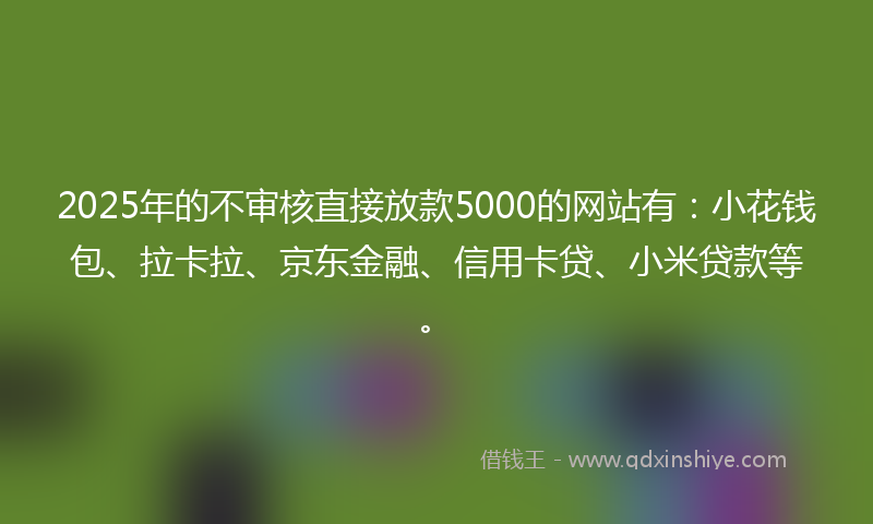 2025年的不审核直接放款5000的网站有：小花钱包、拉卡拉、京东金融、信用卡贷、小米贷款等。