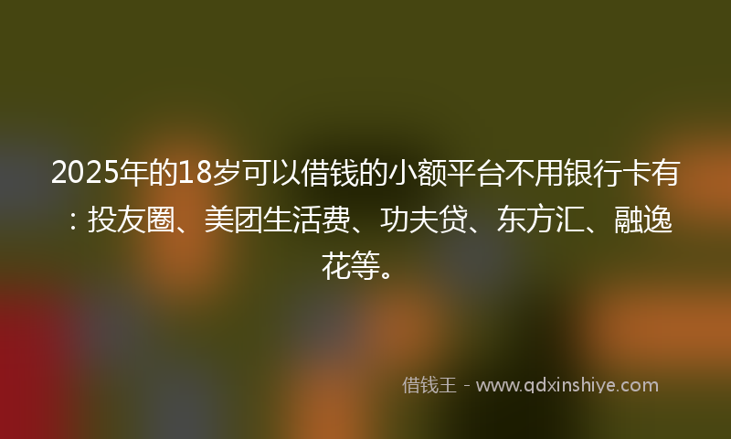 2025年的18岁可以借钱的小额平台不用银行卡有：投友圈、美团生活费、功夫贷、东方汇、融逸花等。