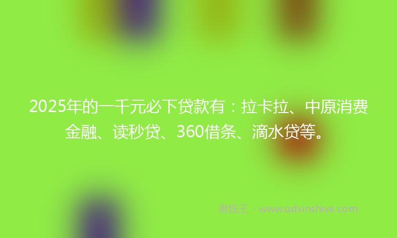 2025年的一千元必下贷款有：拉卡拉、中原消费金融、读秒贷、360借条、滴水贷等。