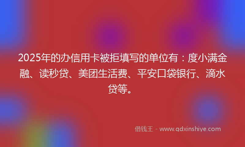 2025年的办信用卡被拒填写的单位有：度小满金融、读秒贷、美团生活费、平安口袋银行、滴水贷等。