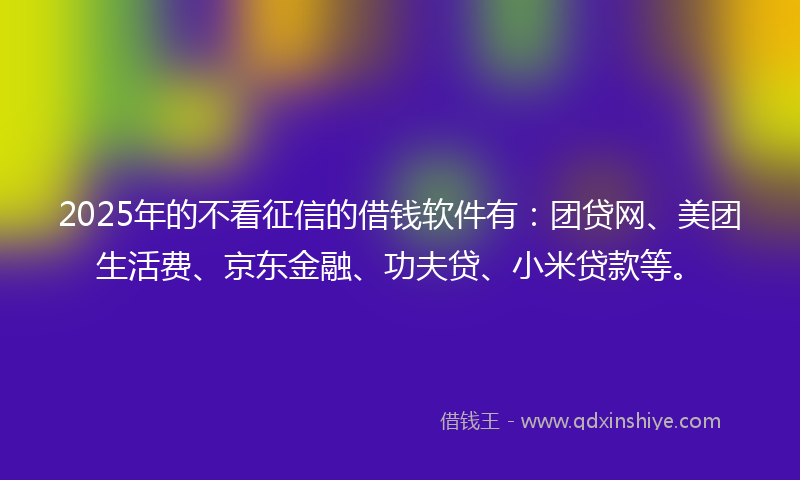 2025年的不看征信的借钱软件有：团贷网、美团生活费、京东金融、功夫贷、小米贷款等。