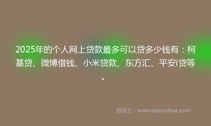 2025年的个人网上贷款最多可以贷多少钱有：柯基贷、微博借钱、小米贷款、东方汇、平安i贷等。