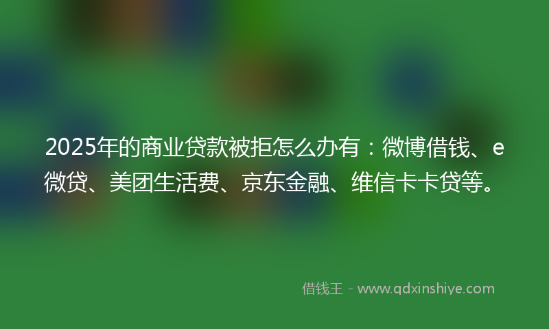 2025年的商业贷款被拒怎么办有：微博借钱、e微贷、美团生活费、京东金融、维信卡卡贷等。