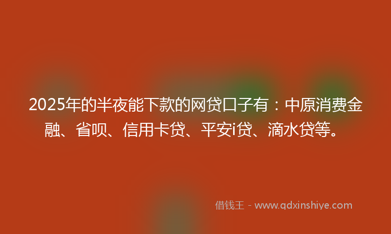 2025年的半夜能下款的网贷口子有：中原消费金融、省呗、信用卡贷、平安i贷、滴水贷等。
