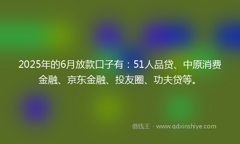 2025年的6月放款口子有：51人品贷、中原消费金融、京东金融、投友圈、功夫贷等。