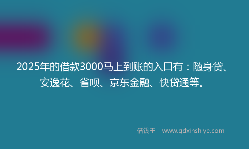 2025年的借款3000马上到账的入口有：随身贷、安逸花、省呗、京东金融、快贷通等。