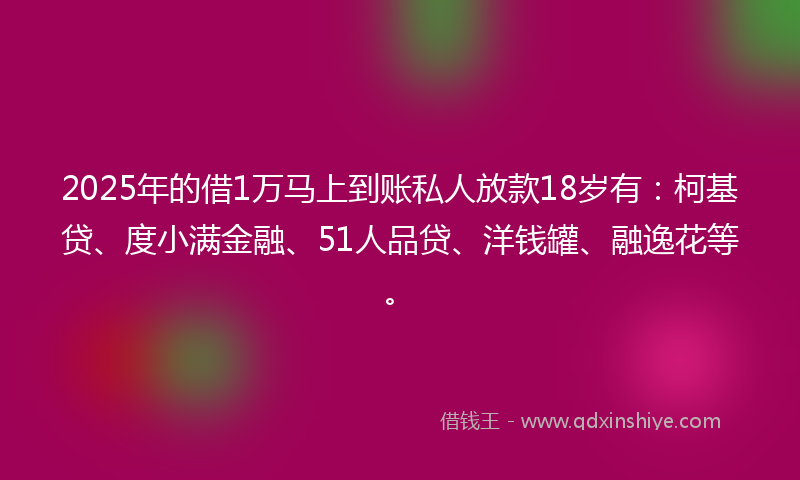 2025年的借1万马上到账私人放款18岁有：柯基贷、度小满金融、51人品贷、洋钱罐、融逸花等。