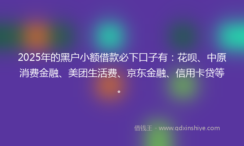 2025年的黑户小额借款必下口子有：花呗、中原消费金融、美团生活费、京东金融、信用卡贷等。