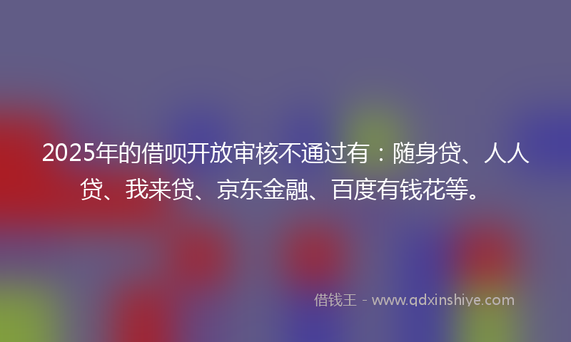 2025年的借呗开放审核不通过有：随身贷、人人贷、我来贷、京东金融、百度有钱花等。