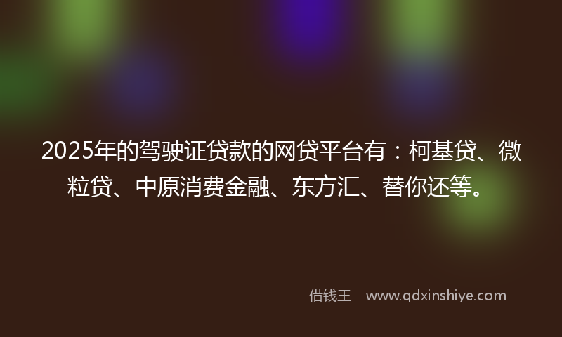 2025年的驾驶证贷款的网贷平台有：柯基贷、微粒贷、中原消费金融、东方汇、替你还等。