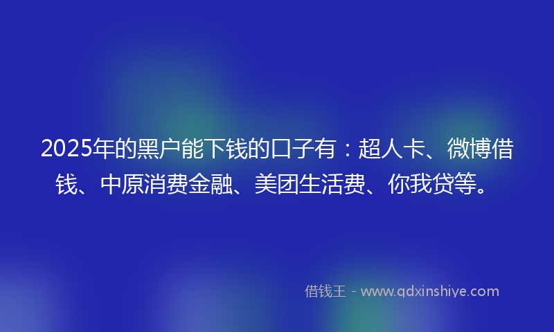2025年的黑户能下钱的口子有：超人卡、微博借钱、中原消费金融、美团生活费、你我贷等。