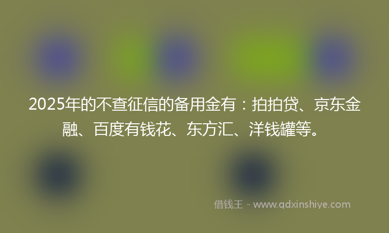 2025年的不查征信的备用金有：拍拍贷、京东金融、百度有钱花、东方汇、洋钱罐等。