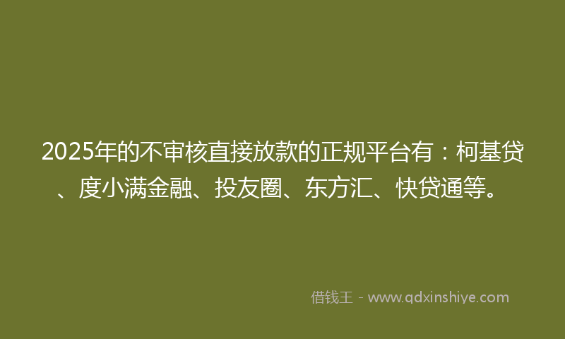 2025年的不审核直接放款的正规平台有：柯基贷、度小满金融、投友圈、东方汇、快贷通等。