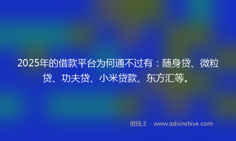 2025年的借款平台为何通不过有：随身贷、微粒贷、功夫贷、小米贷款、东方汇等。