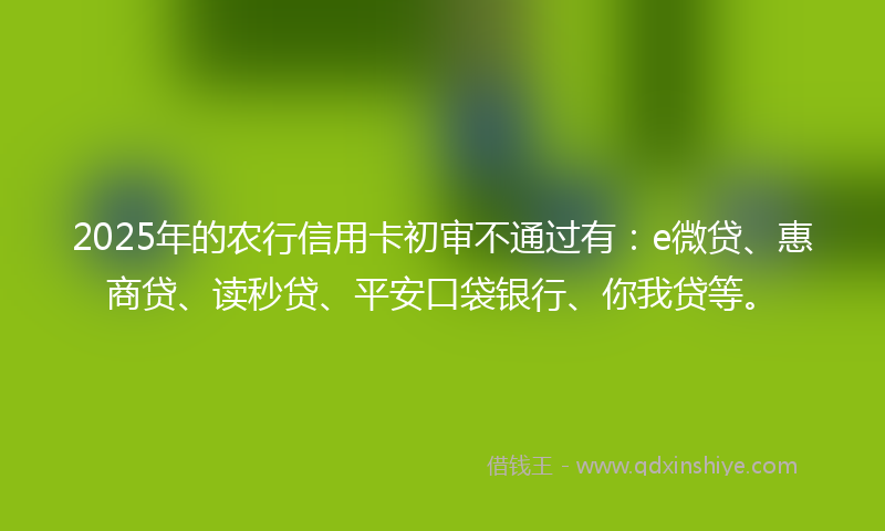 2025年的农行信用卡初审不通过有：e微贷、惠商贷、读秒贷、平安口袋银行、你我贷等。