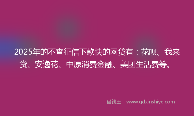 2025年的不查征信下款快的网贷有：花呗、我来贷、安逸花、中原消费金融、美团生活费等。