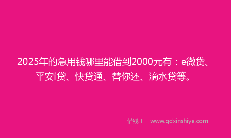 2025年的急用钱哪里能借到2000元有：e微贷、平安i贷、快贷通、替你还、滴水贷等。