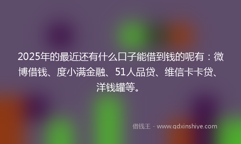 2025年的最近还有什么口子能借到钱的呢有：微博借钱、度小满金融、51人品贷、维信卡卡贷、洋钱罐等。