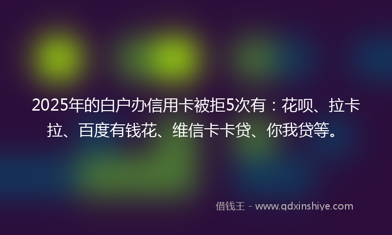 2025年的白户办信用卡被拒5次有：花呗、拉卡拉、百度有钱花、维信卡卡贷、你我贷等。
