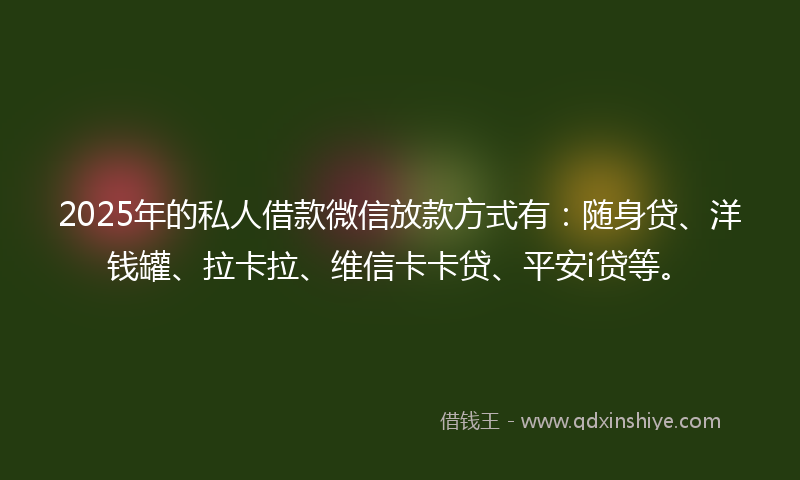 2025年的私人借款微信放款方式有：随身贷、洋钱罐、拉卡拉、维信卡卡贷、平安i贷等。