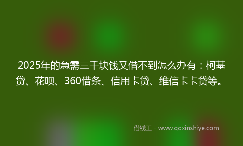 2025年的急需三千块钱又借不到怎么办有：柯基贷、花呗、360借条、信用卡贷、维信卡卡贷等。