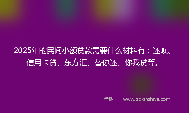 2025年的民间小额贷款需要什么材料有：还呗、信用卡贷、东方汇、替你还、你我贷等。