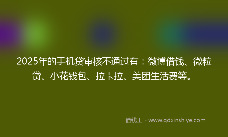 2025年的手机贷审核不通过有：微博借钱、微粒贷、小花钱包、拉卡拉、美团生活费等。