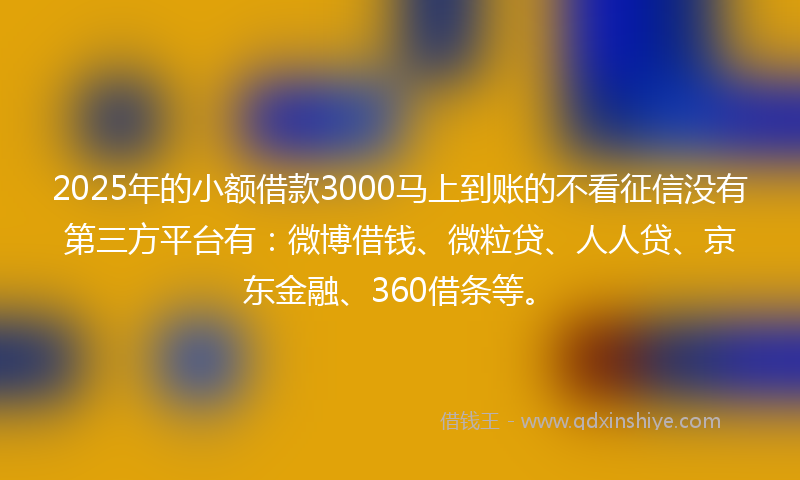 2025年的小额借款3000马上到账的不看征信没有第三方平台有：微博借钱、微粒贷、人人贷、京东金融、360借条等。