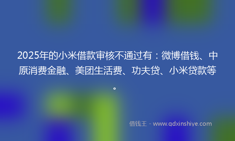 2025年的小米借款审核不通过有：微博借钱、中原消费金融、美团生活费、功夫贷、小米贷款等。